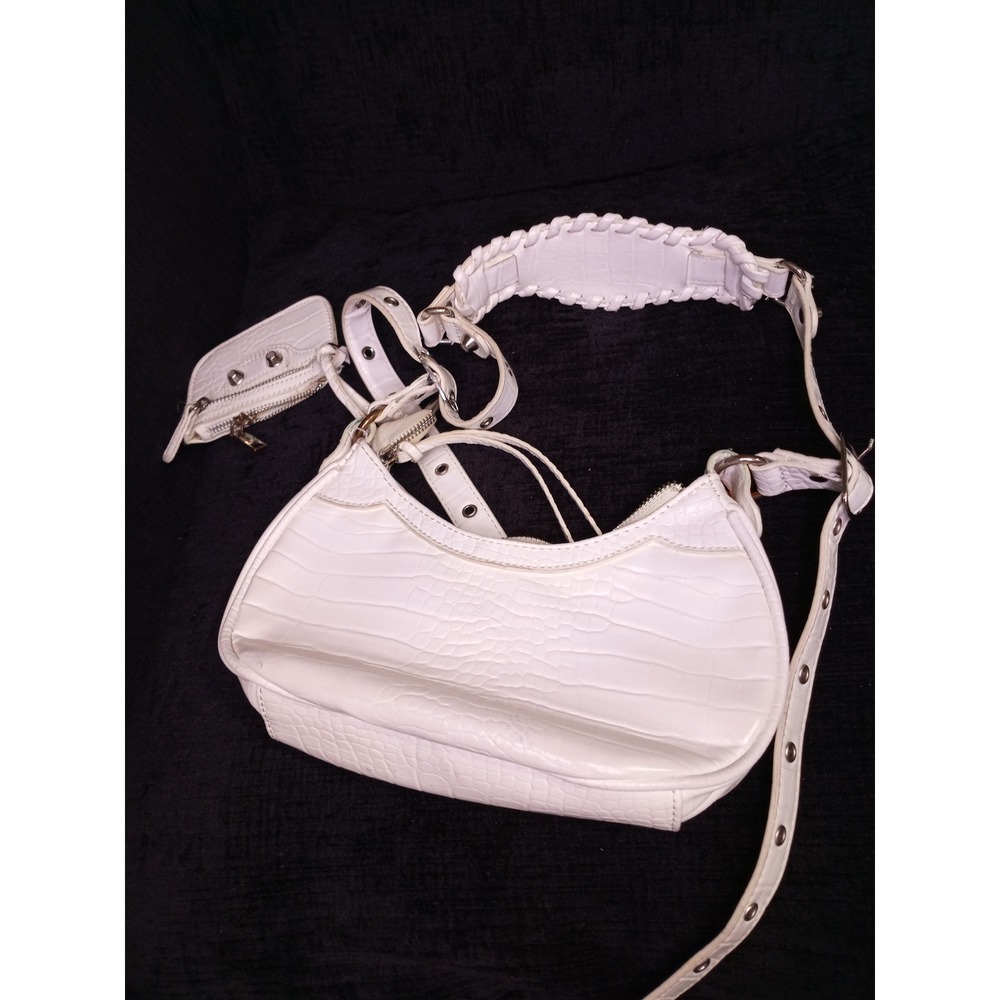 White‎ Croc Embossed Studded Shoulder Bag with Coin Pouch Y2K Style Moto Purse - Picture 5 of 5
